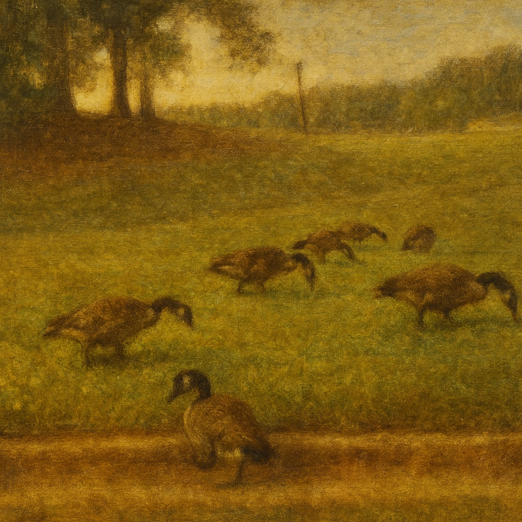 A group of geese is walking across a grassy field with trees in the background.