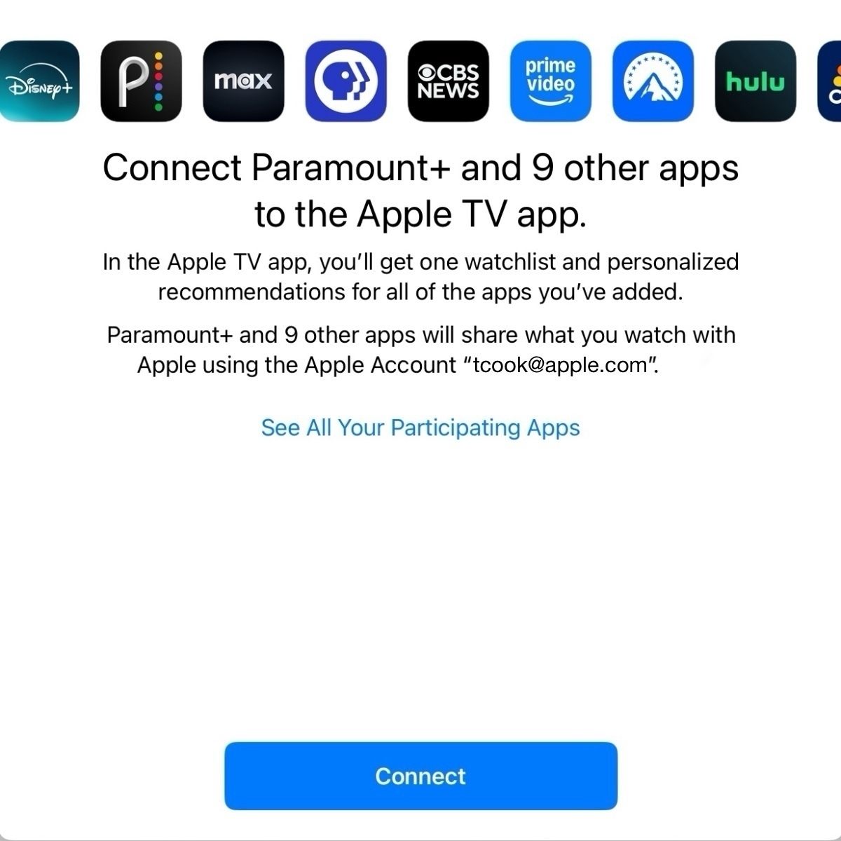 A screen displays instructions for connecting Paramount+ and other apps to the Apple TV app, with various streaming service logos at the top.