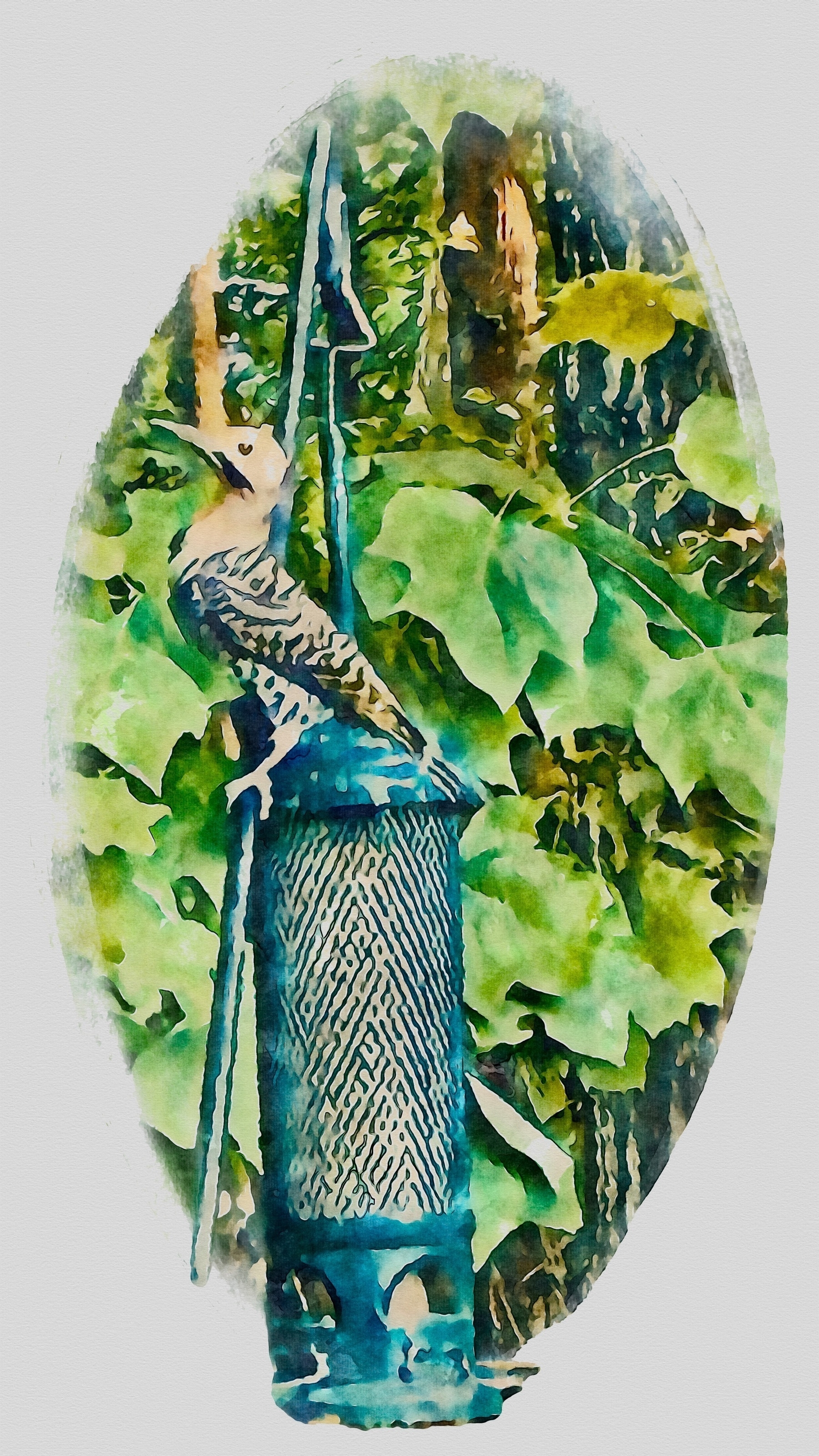 A northern flicker woodpecker perches on a blue metal feeder amidst lush green leaves.