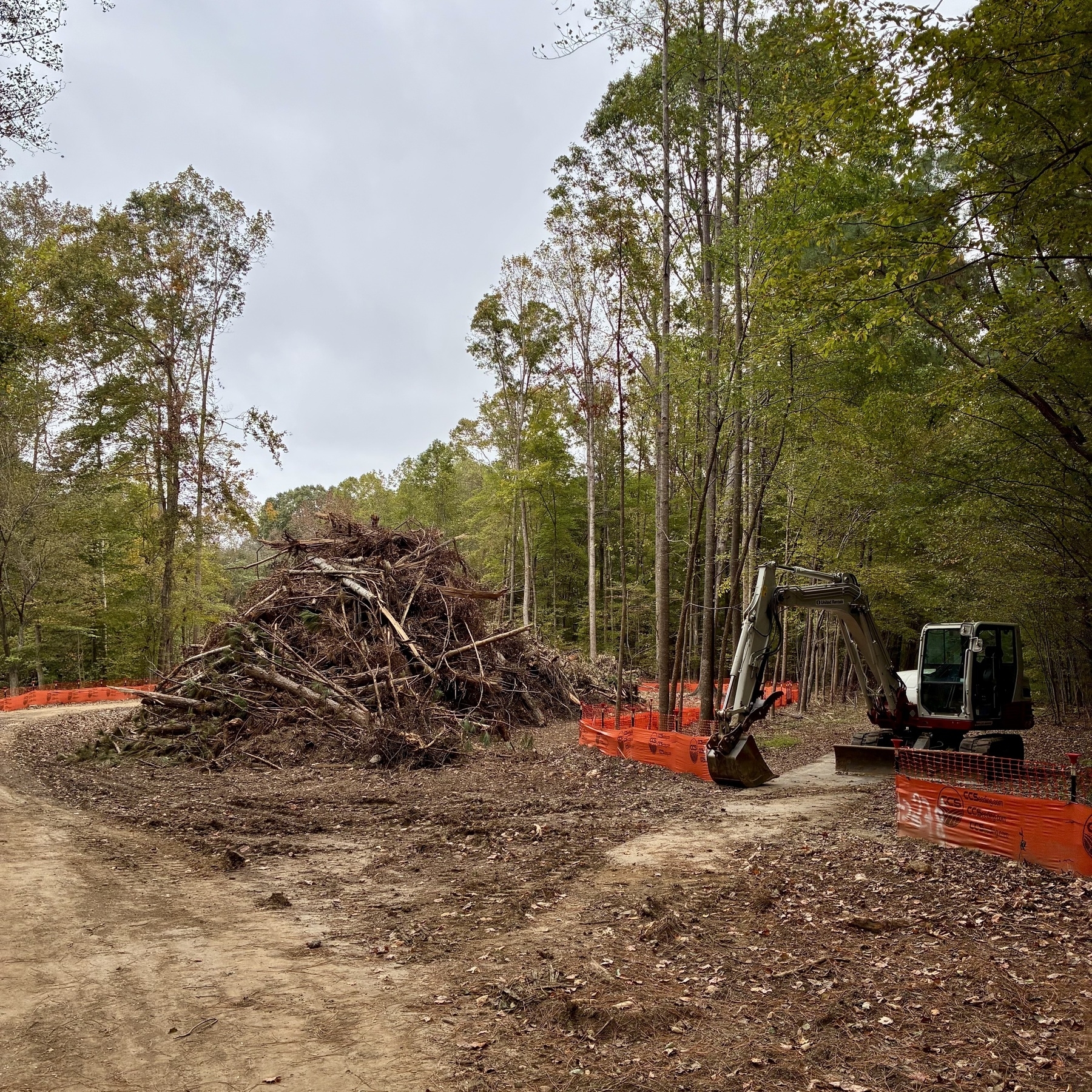 An excavator sits on a dirt path near a large pile of branches and debris along a path in woods, surrounded by trees and fenced off with orange barriers.